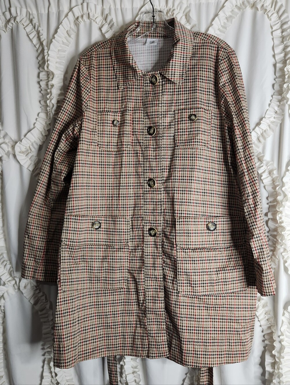 Cabi 3734 Houndstooth Trench Jacket Tan Red Green Belted Button Front Coat Sz L